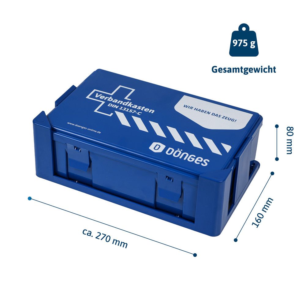 Blauer Verbandkasten mit Maßen: ca. 270 mm x 160 mm x 80 mm. Gesamtgewicht: 975 g. Aufschrift: Verbandkasten DIN 13157-C.
