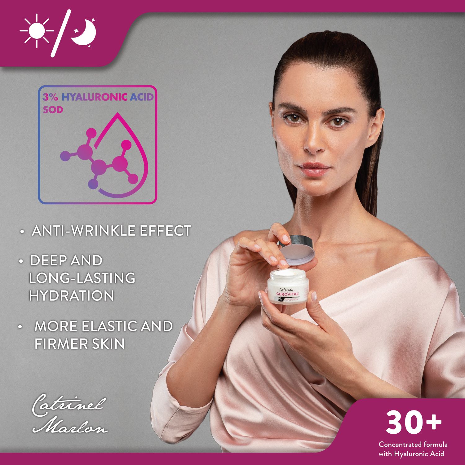 Frau hält eine Creme. Text: 'Anti-Wrinkle effect', 'Deep and long-lasting hydration'.
