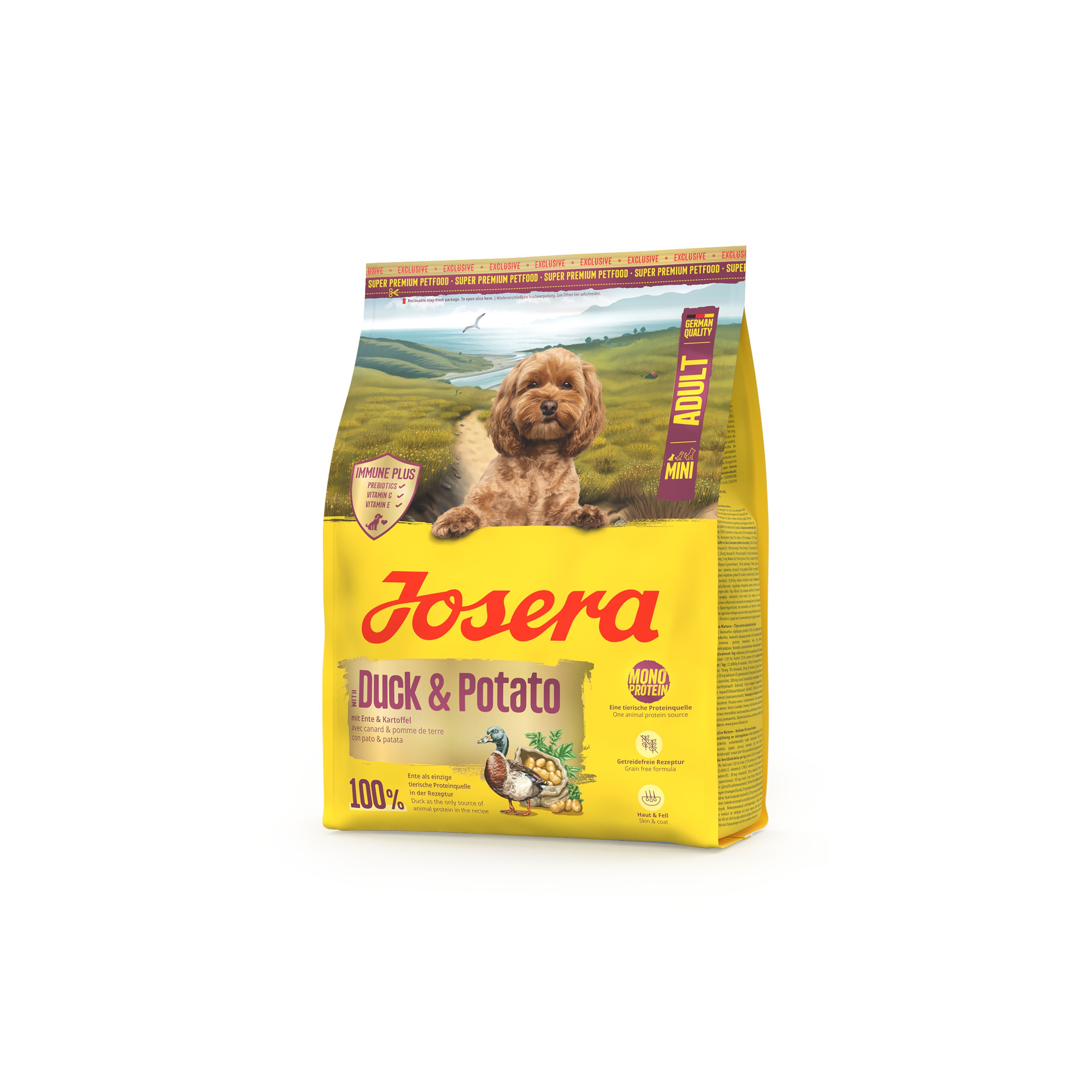 Gelbe Verpackung mit Produktnamen JOSERA, Mini Adult, Ente & Kartoffel. Abbildung eines Hundes. Text und Logo.