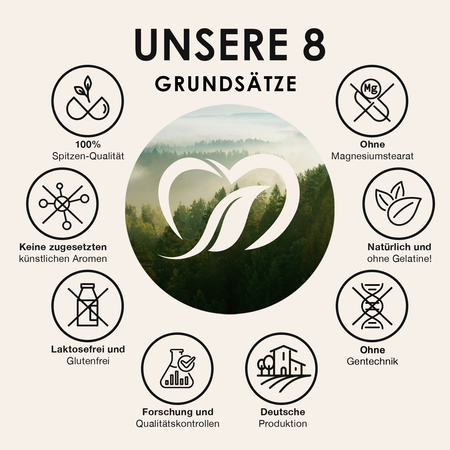Unsere 8 Grundsätze: 100% Spitzen-Qualität, ohne Magnesiumstearat, natürlich, ohne Gelatine, laktosefrei, glutenfrei, Forschung, deutsche Produktion.
