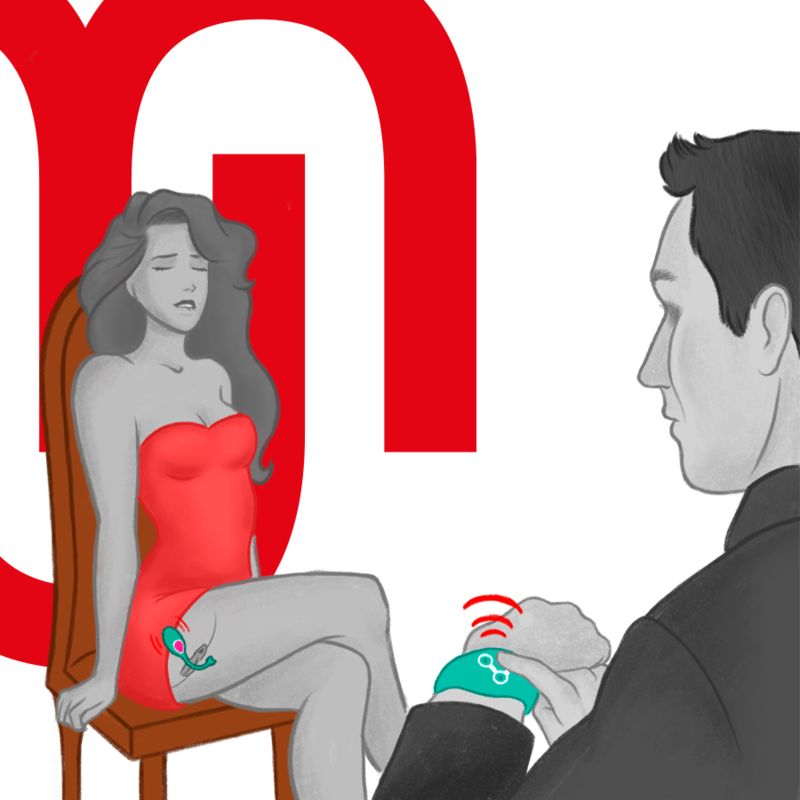 Illustration: Frau sitzt. Mann mit Watchme-Uhr. Intim-Produkt in Gebrauch.