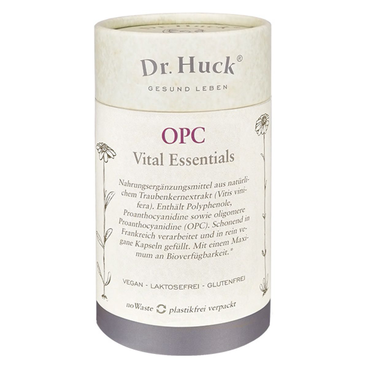 Cilindrische kartonnen doos met opschrift: Dr. Huck OPC Vital Essentials. Vegan, lactosevrij, glutenvrij. Bloemenmotief.