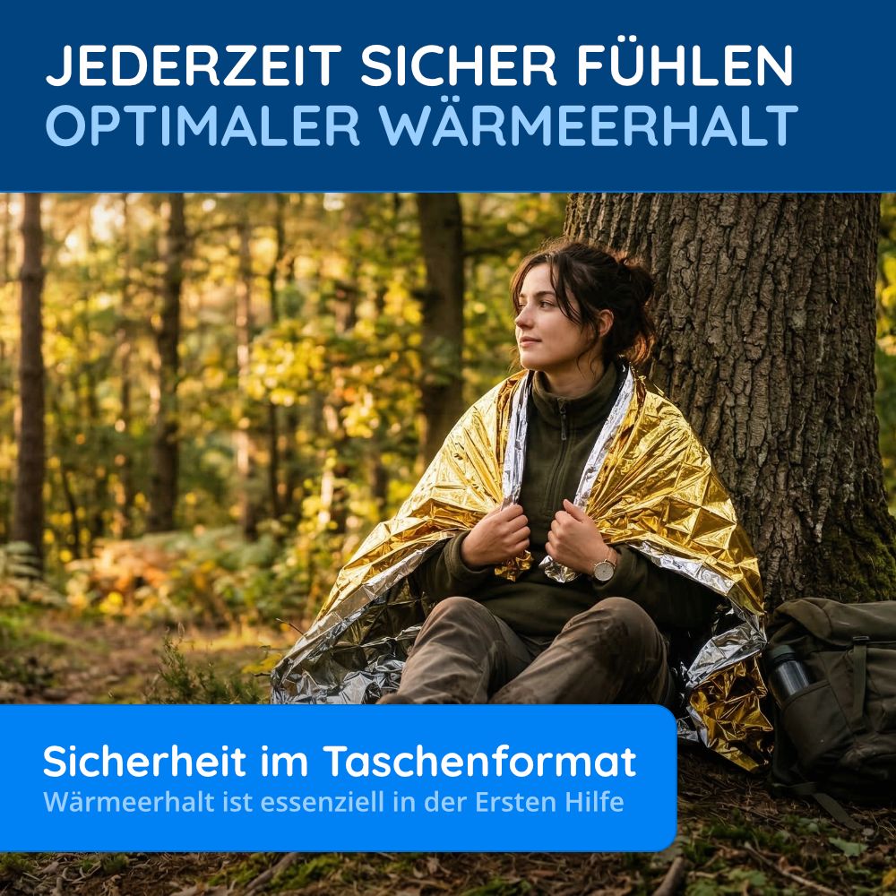Frau sitzt im Wald, in goldene Rettungsdecke gehüllt. Text: Jederzeit sicher fühlen.