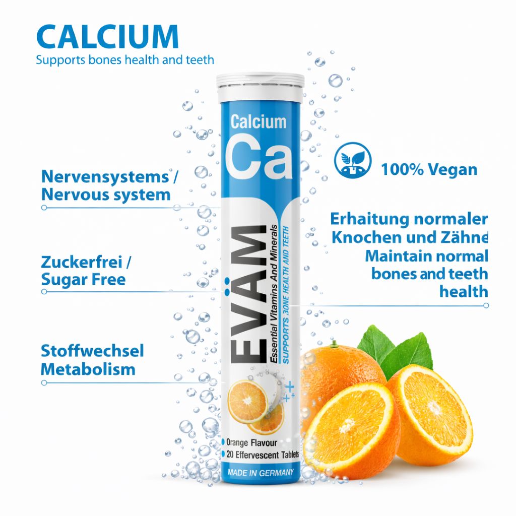 Calcium-Brausetabletten in einer Tube. Mit Orangen-Aroma. Vegan, glutenfrei, laktosefrei, zuckerfrei. Hergestellt in Deutschland.
