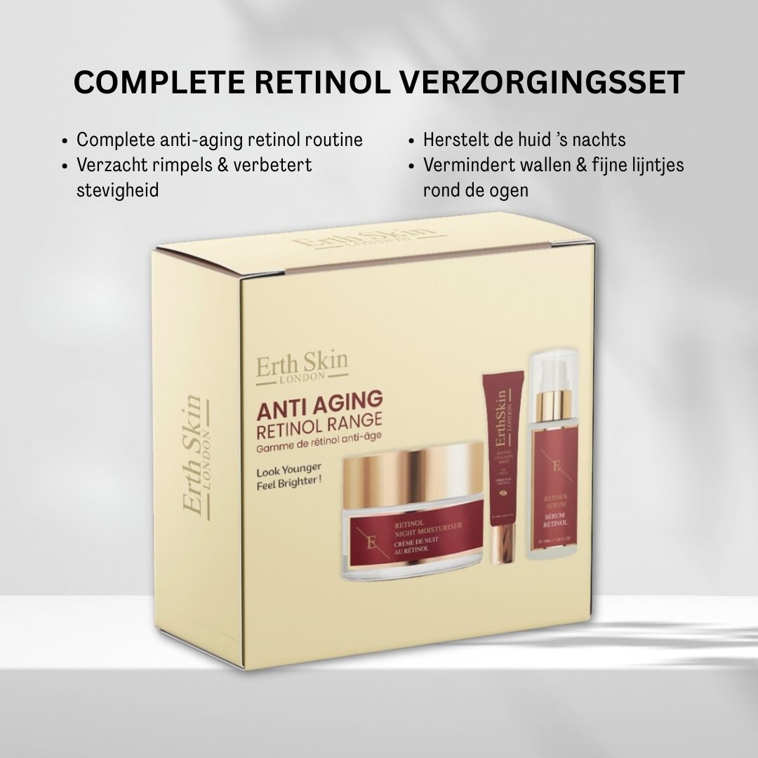 ErthSkin London Anti-Aging Retinol Sortiment Kit Box mit Text über Hautpflege.