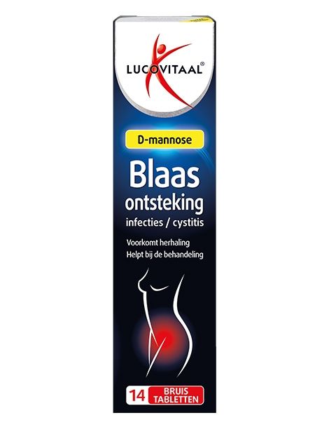 Verpackung mit "Lucovitaal D-Mannose Blaasontsteking". Enthält 14 Brausetabletten. Abbildung einer Frau mit hervorgehobenem Unterleib.