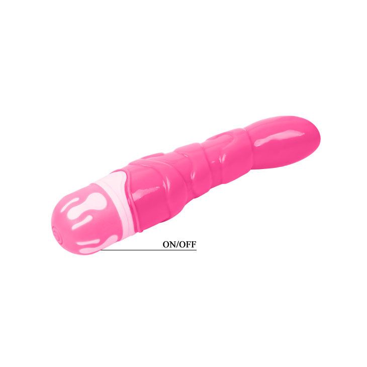 Pinkfarbener Vibrator mit geriffelter Oberfläche und Tropfendesign. ON/OFF-Schalter. Schräge Ansicht.