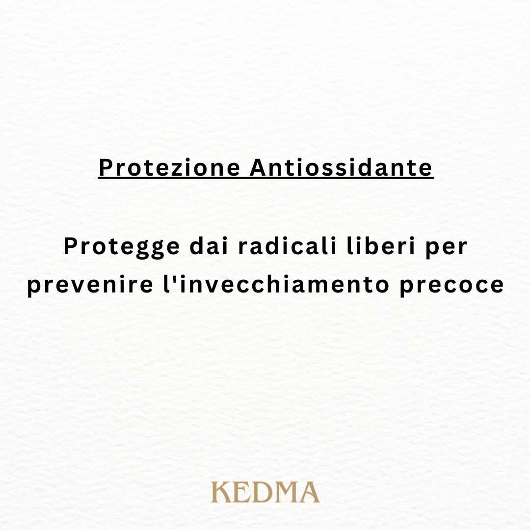 Testo su sfondo crema: Protezione Antiossidante. Protegge dai radicali liberi...