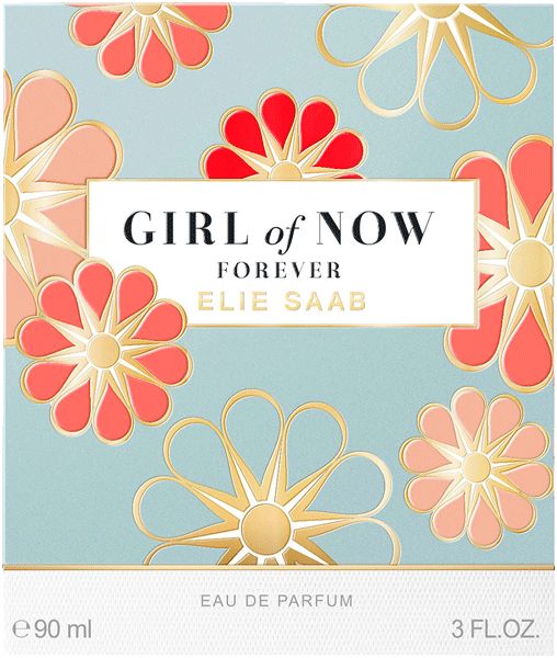 Verpackung von Elie Saab Girl of Now Forever Eau de Parfum mit Blumenmuster und Produktinformationen.