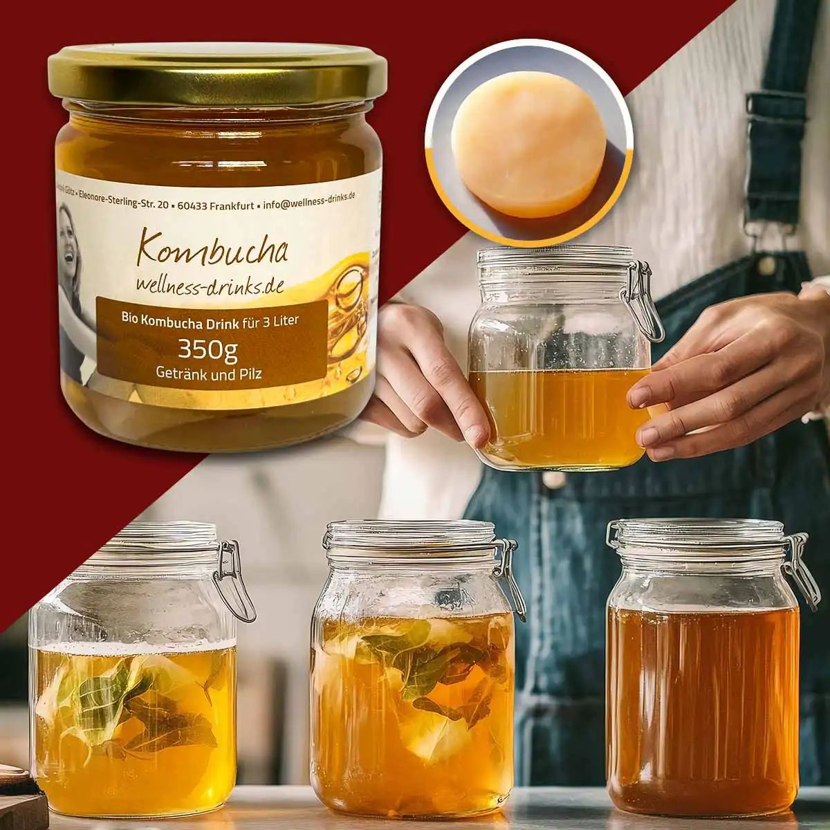 Glas mit goldfarbenem Deckel, Etikett 'Kombucha'. Mehrere Gläser mit Flüssigkeit und SCOBY, teilweise mit Kräutern.