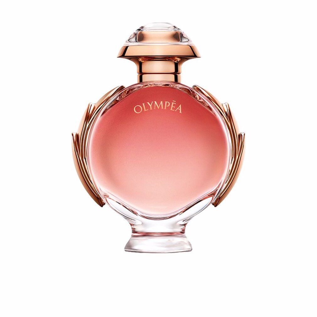 Olympéa E.d.P. Nat. Spray Flakon. Rund, rosa Farbverlauf, goldfarbene Details. Klarer Glasfuß.