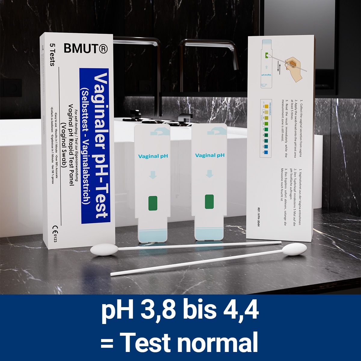 BMUT Vaginaler pH-Test Packung, 5 Tests, Teststreifen und Tupfer. Aufschrift: Vaginaler pH-Test (Selbsttest). Aufschrift: pH 3,8 bis 4,4 = Test normal.