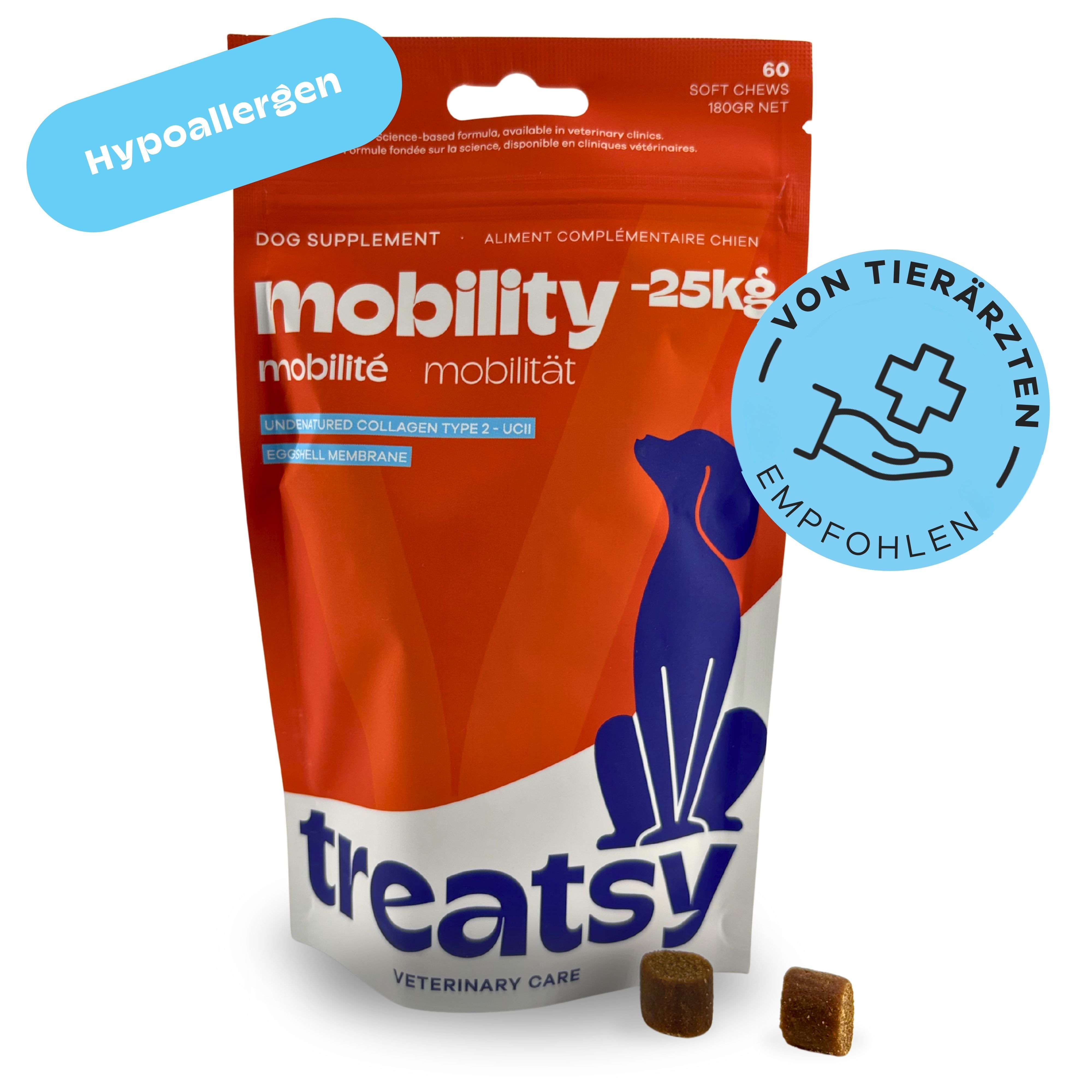 Orange Beutel mit Hundesupplement 'mobility', 25kg, 60 Soft Chews. Hypoallergen, von Tierärzten empfohlen.