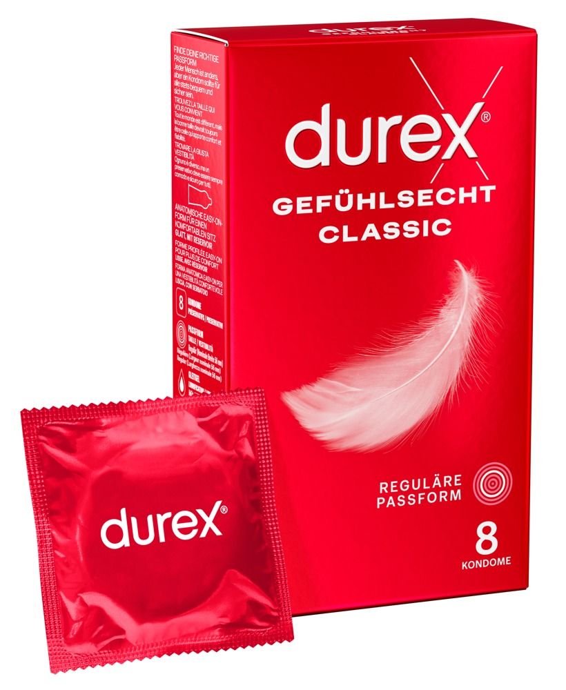 Durex Gefühlsecht Classic Kondom-Packung (8 Stück) mit einzeln verpacktem Kondom.