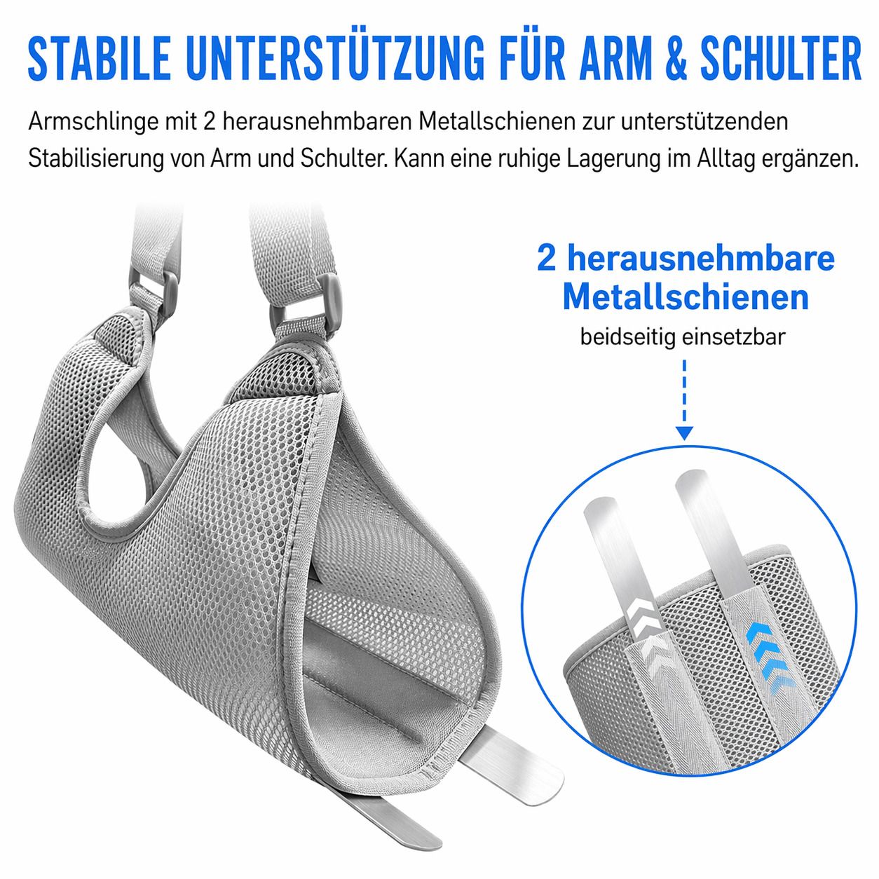 Graue Armschlinge mit zwei herausnehmbaren Metallschienen. Atmungsaktives Netzmaterial. Beidseitig einsetzbar. Für Arm- und Schulterunterstützung.