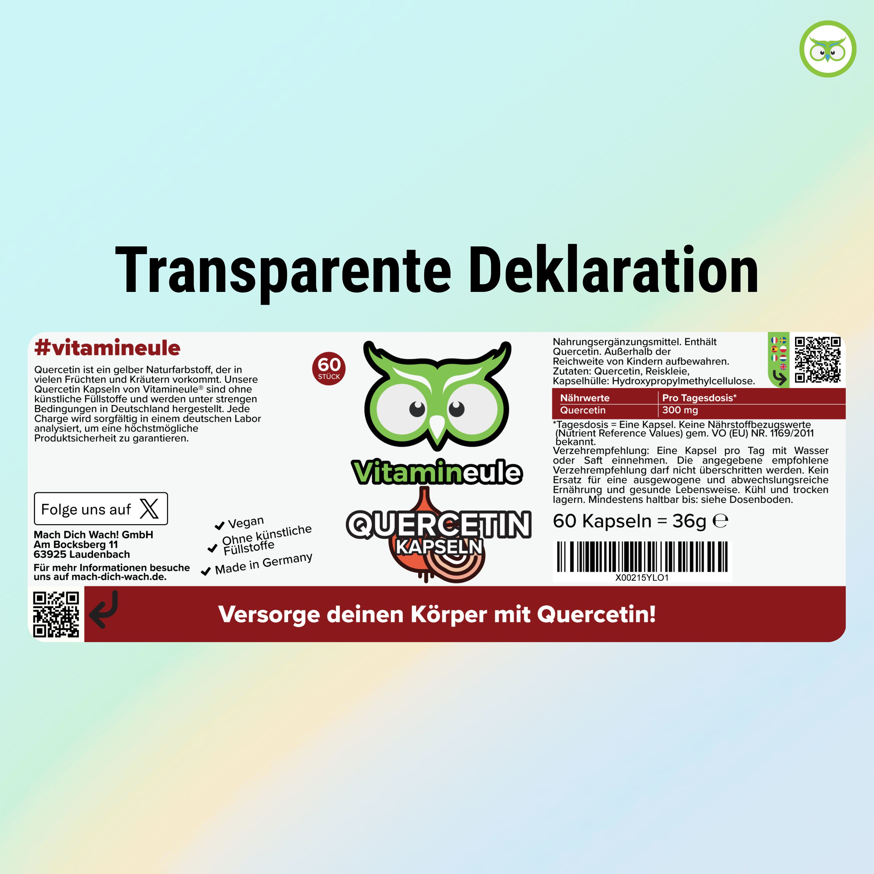 Etikett mit Text: #vitamineule, Quercetin, 60 Kapseln. Logo: Vitamineule. Text: Versorge deinen Körper mit Quercetin! Vegan, ohne künstliche Farbstoffe, Made in Germany.