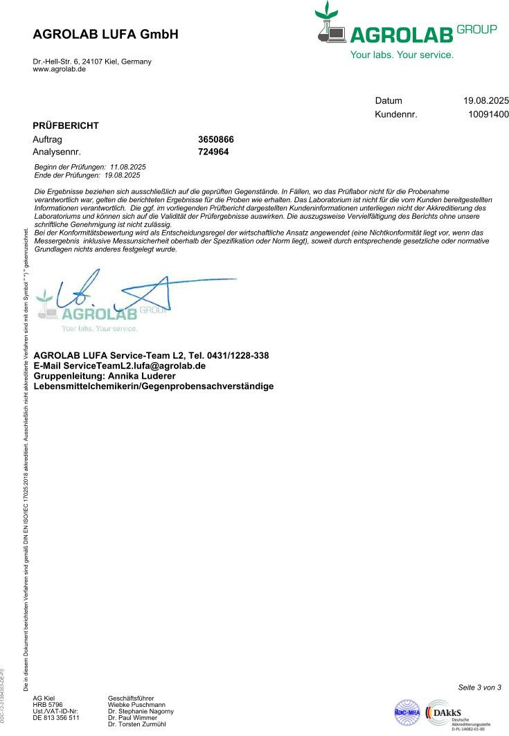 Abschluss des Prüfberichts von Agrolab LUFA GmbH. Unterschriften und Kontaktdaten. E-Mail-Adresse: E-Mail ServiceTeamL2.lufa@agrolab.de.