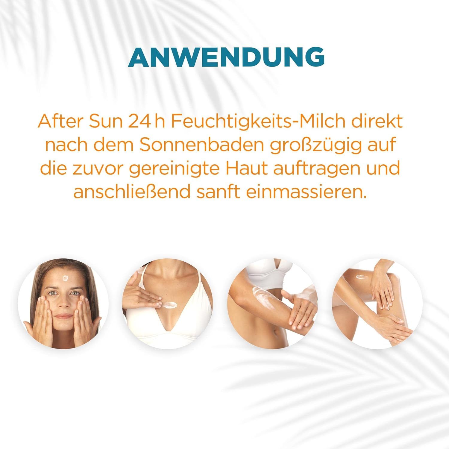 Anwendung von After Sun 24h Feuchtigkeits-Milch. Frauen tragen Lotion auf Gesicht, Brust, Arme und Beine auf.