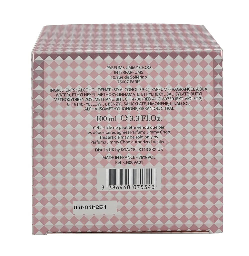 Verpackung mit Inhaltsstoffen und Informationen. Aufschrift 'JIMMY CHOO'. Rosa geometrisches Muster.