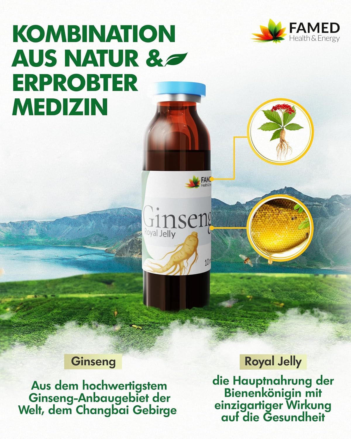 FAMED Ginseng Royal Jelly. Ampulle. Text: Kombination aus Natur & erprobter Medizin. Ginseng und Gelée Royale-Illustrationen.