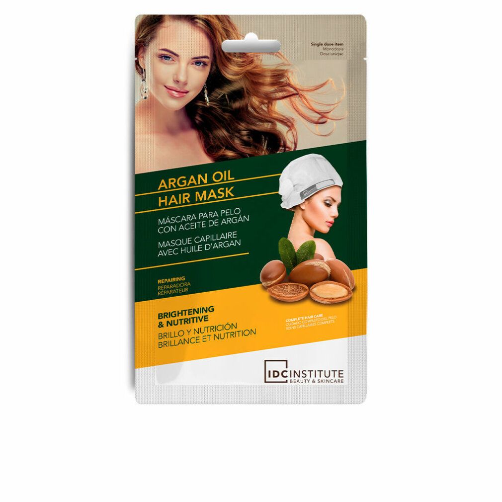 Haarmasken-Verpackung mit Frau, Arganöl-Illustrationen und Text. Marke: IDC Institute.
