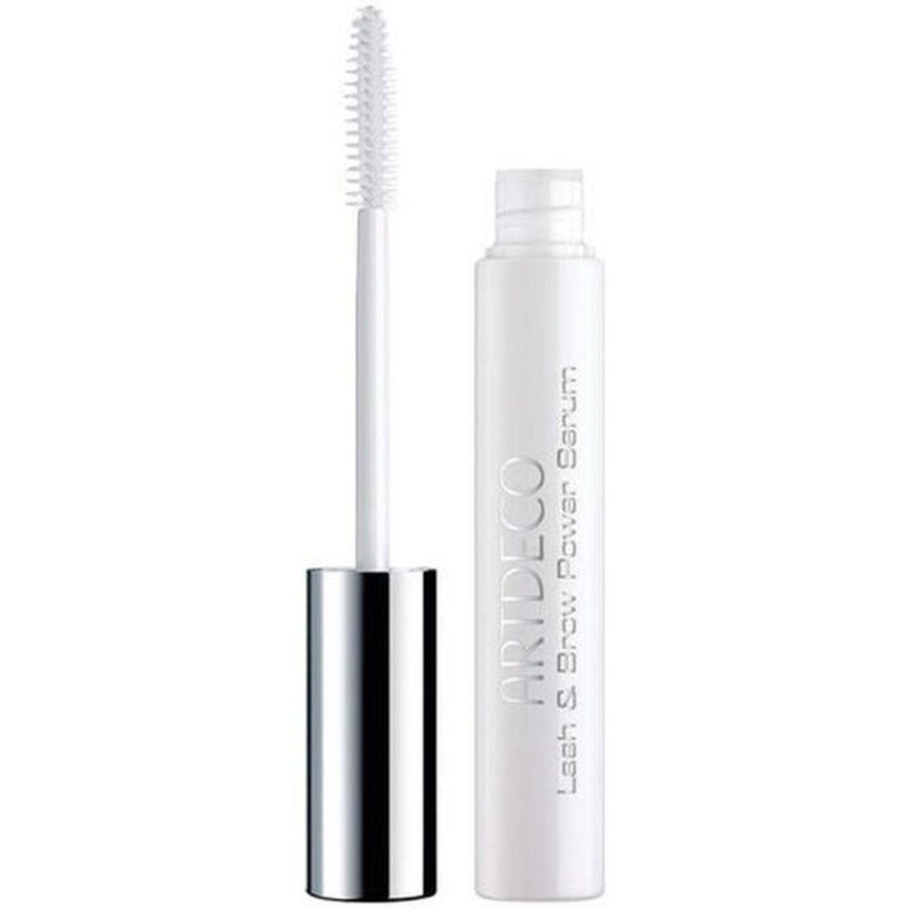 Artdeco Lash & Brow Power Serum: Weißer Applikator mit Bürste und silbernem Griff, daneben weiße Tube mit silbernem Schriftzug.