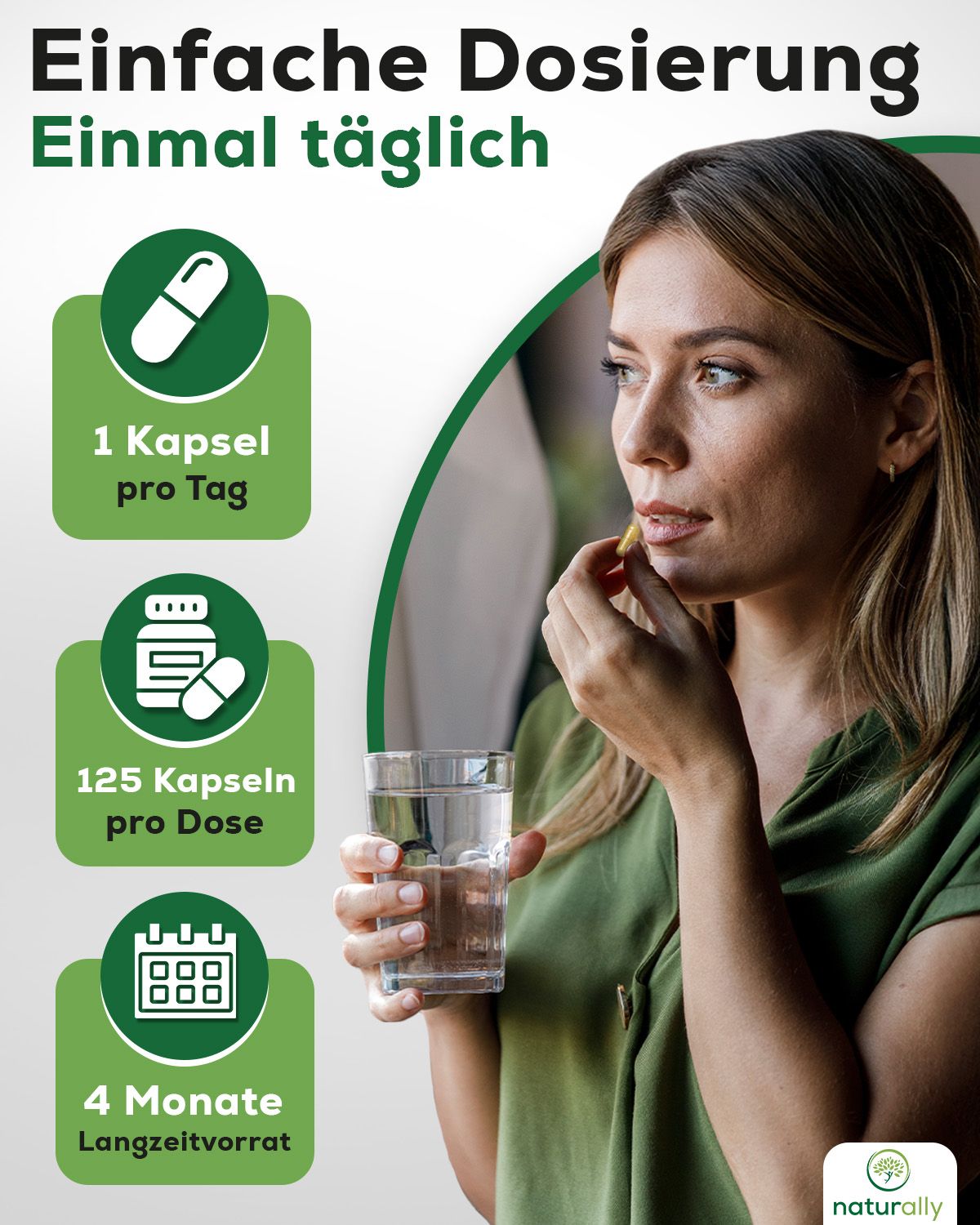 Frau nimmt Kapsel. Text: 1 Kapsel pro Tag, 125 Kapseln pro Dose, 4 Monate Vorrat.