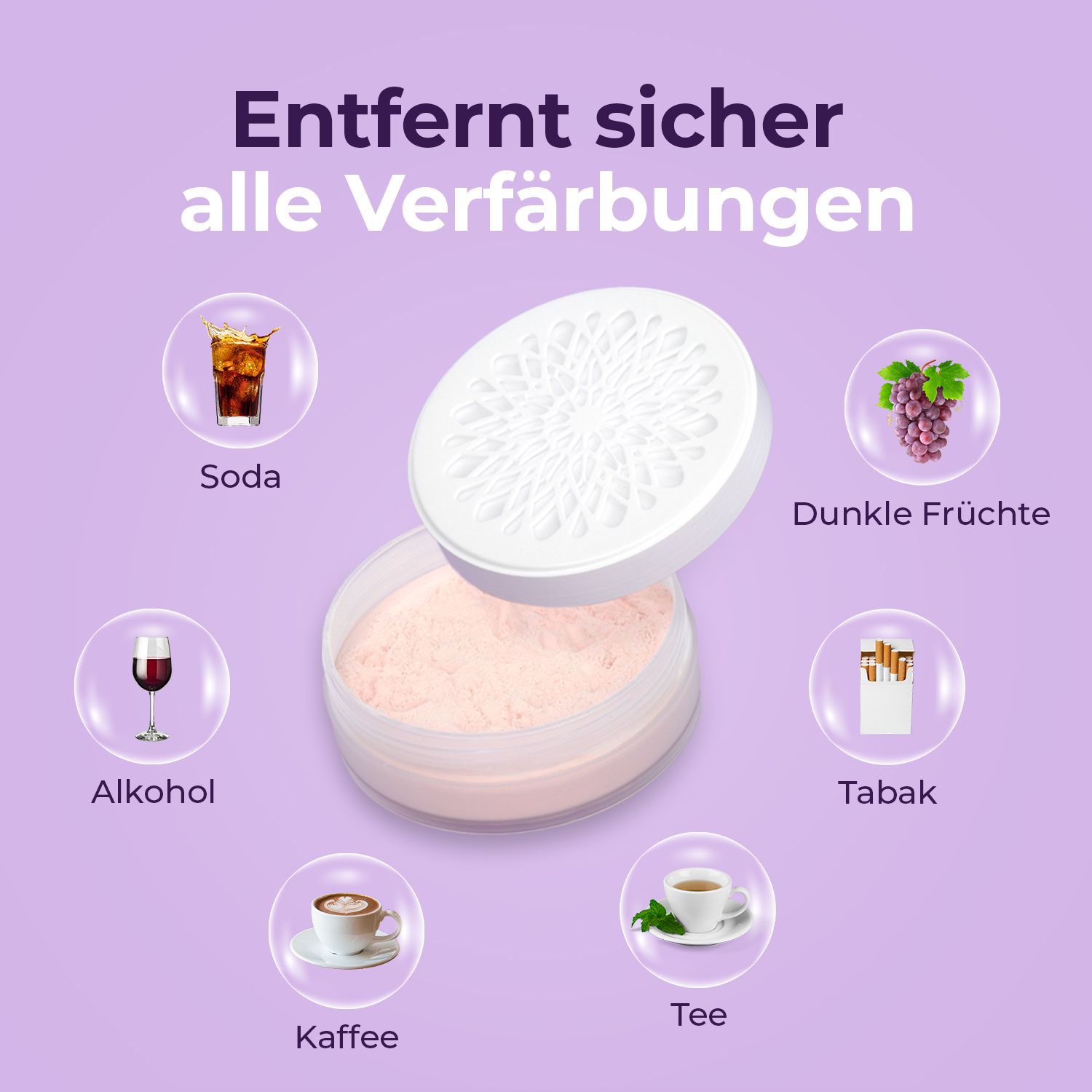 Produkt mit geöffnetem Deckel. Text: Entfernt sicher alle Verfärbungen. Getränke, Früchte, Alkohol, Kaffee, Tee, Tabak.