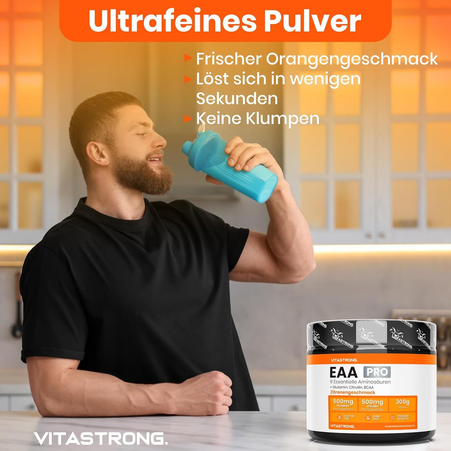 Vitastrong EAA PRO Zitrone. Dose mit Pulver. Text: 9 essentielle Aminosäuren. Hergestellt in Europa.