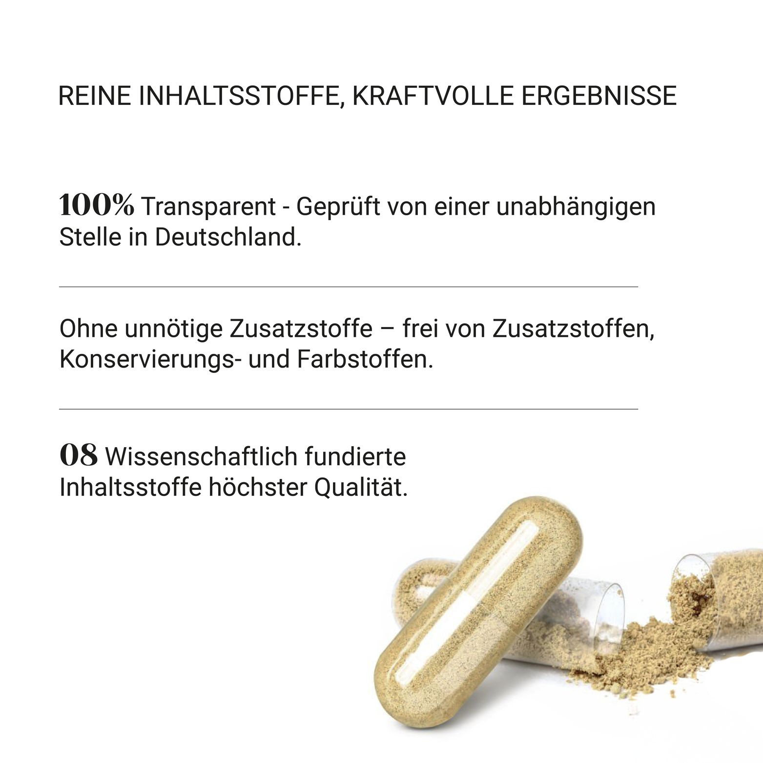 Kapsel und Pulver. Text: 100% transparent, geprüft in Deutschland. Ohne unnötige Zusätze. 08 wissenschaftlich fundierte Inhaltsstoffe.