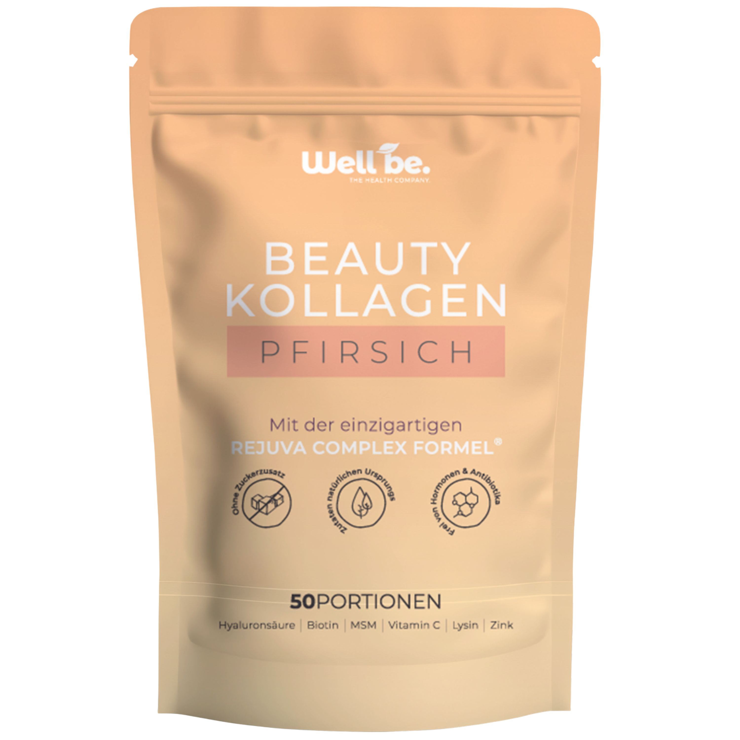 Well be. Beauty Kollagen Pfirsich Pulver in einem Standbeutel, 50 Portionen.