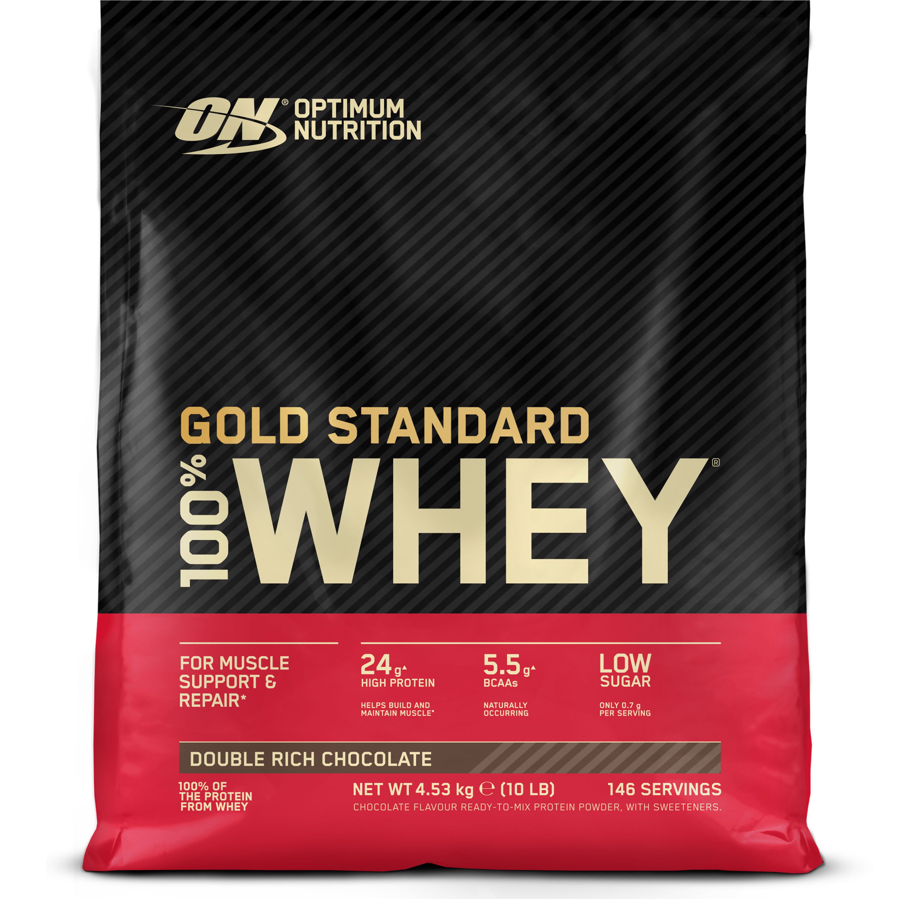 Beutel mit Gold Standard 100% Whey. Schwarzer Hintergrund, roter Streifen. Text: Optimum Nutrition, 24g Protein, 146 Portionen.