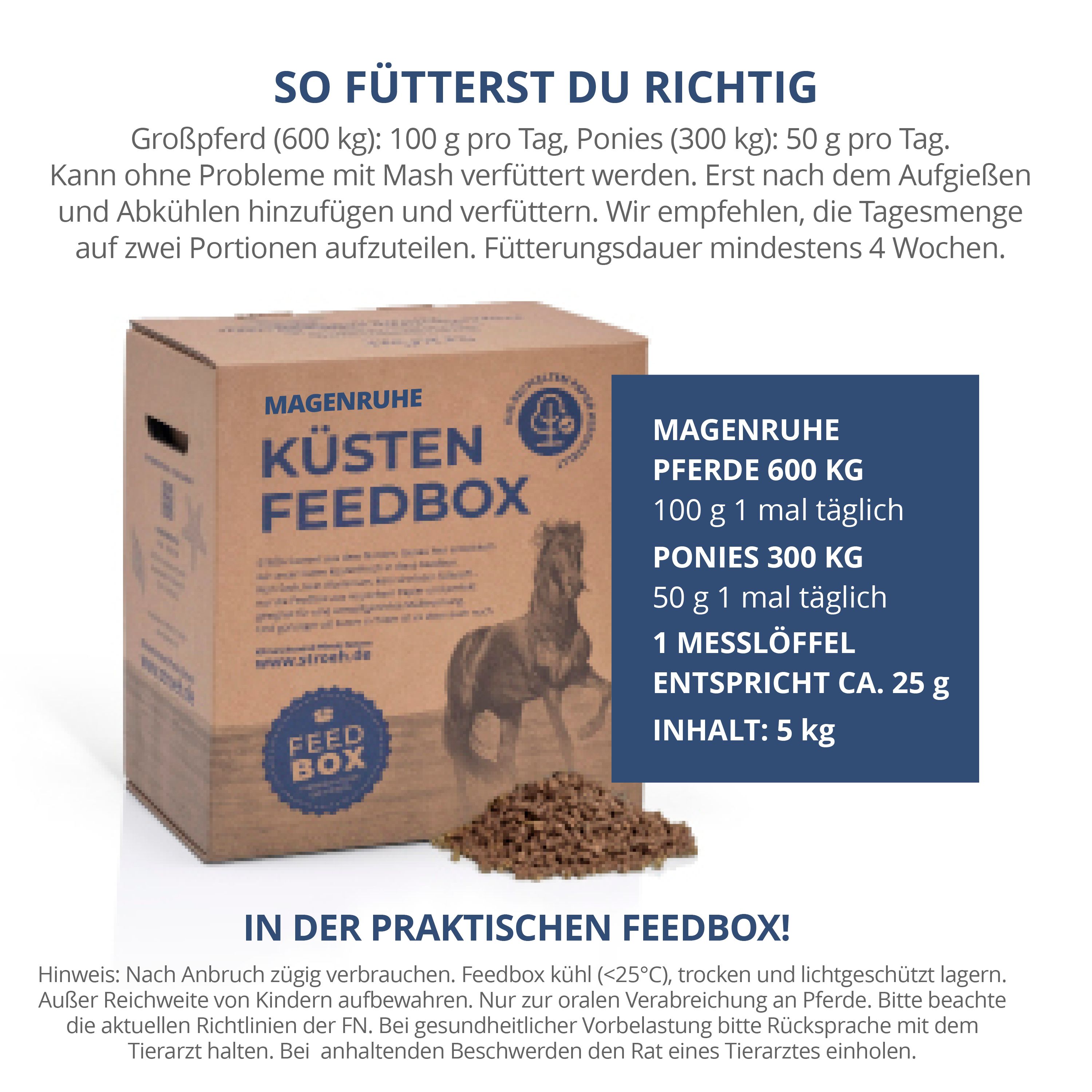 STRÖH Küsten Feedbox (5 kg) mit Pferdemotiv. Daneben liegen Futterpellets und eine Fütterungstabelle.