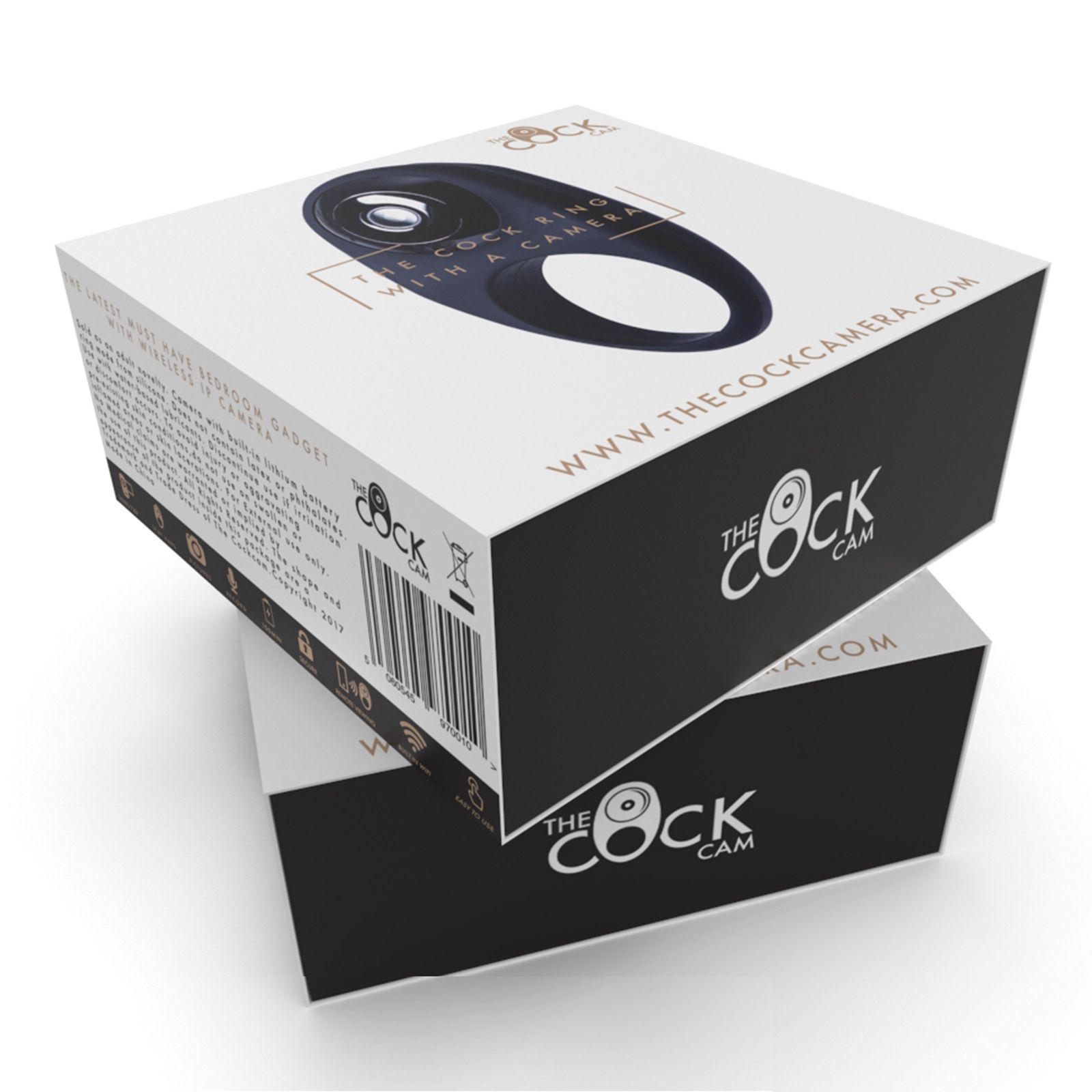 Zwei Produktverpackungen. Weiße Kartons mit Produktabbildung und Text. Aufschrift: THE COCK CAM.