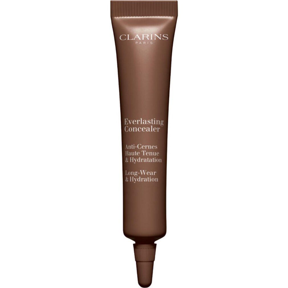 Braune Tube mit Produkt. Aufschrift: Clarins, Everlasting Concealer, Anti-Cernes, Haute Tenue & Hydratation, Long-Wear & Hydration.