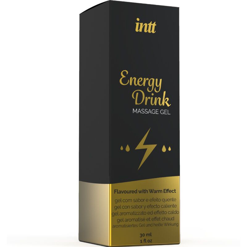 Schwarze Produktverpackung mit goldener Schrift: intt Energy Drink Massage Gel. Mit warmem Effekt. 30 ml. Flasche nicht sichtbar.