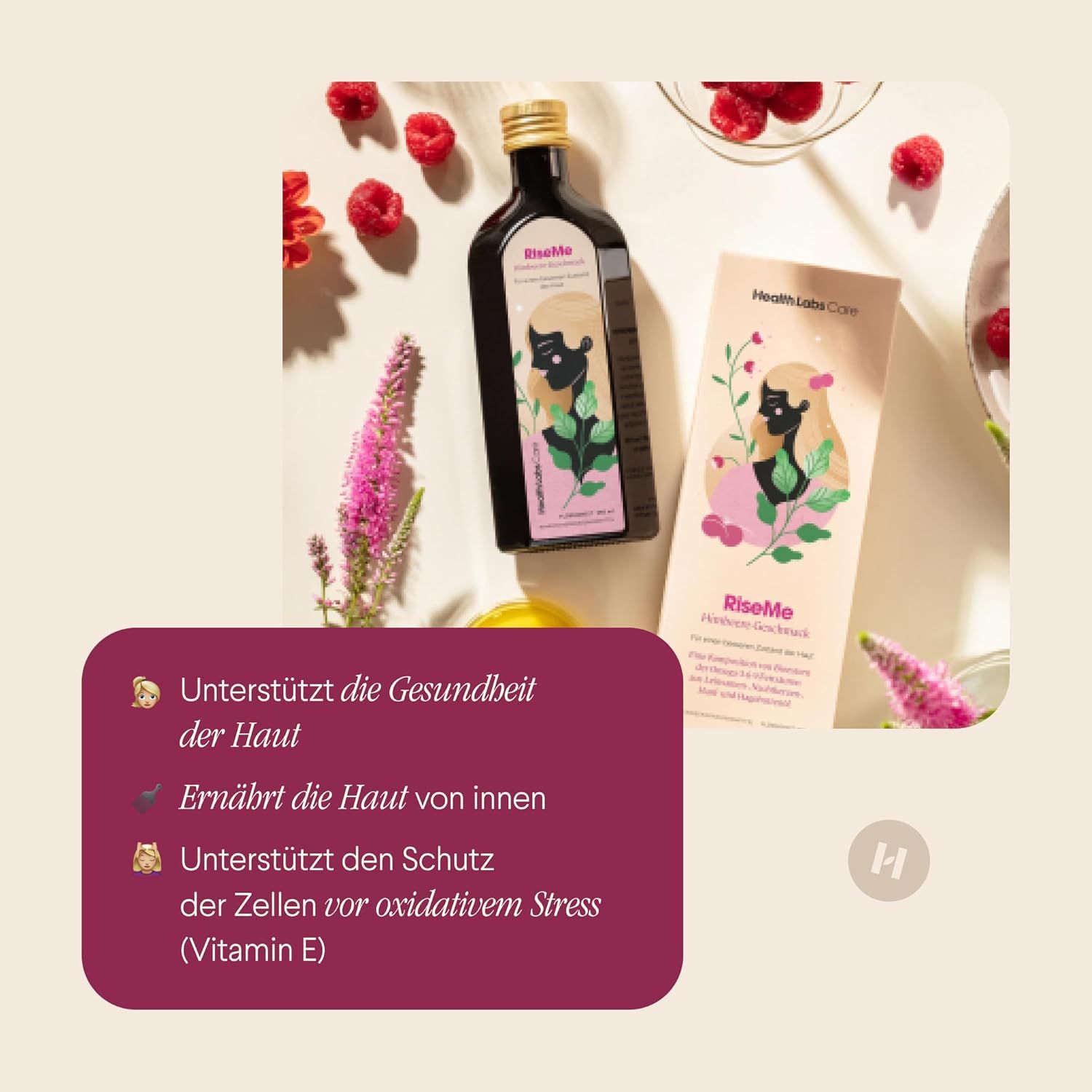 Flasche und Verpackung von Health Labs Care RiseMe. Aufschrift: Unterstützt die Gesundheit der Haut, ernährt die Haut von innen, Schutz vor oxidativem Stress.