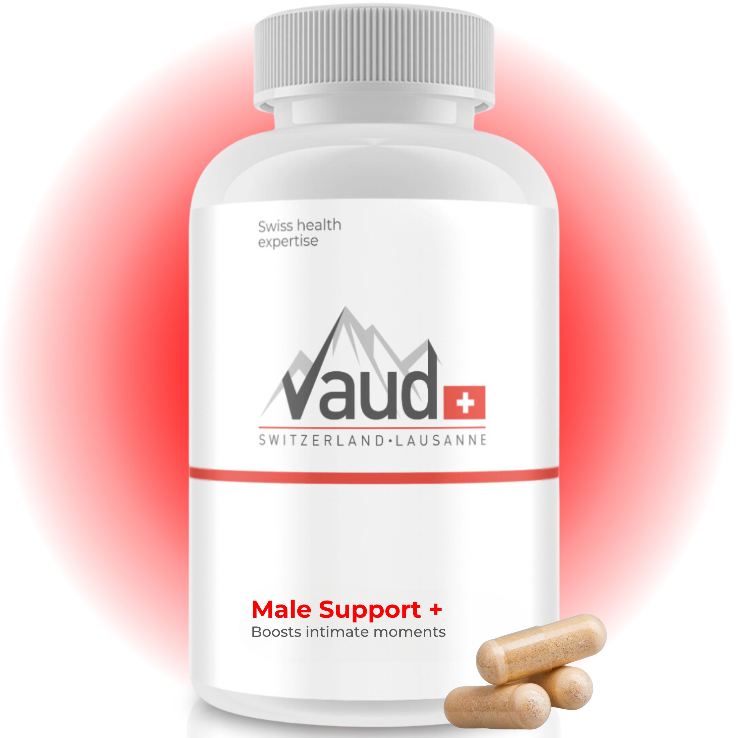Weißes Fläschchen mit Kapseln. Aufschrift: Vaud, Male Support. Schweizer Gesundheitskompetenz. Kapseln liegen daneben.