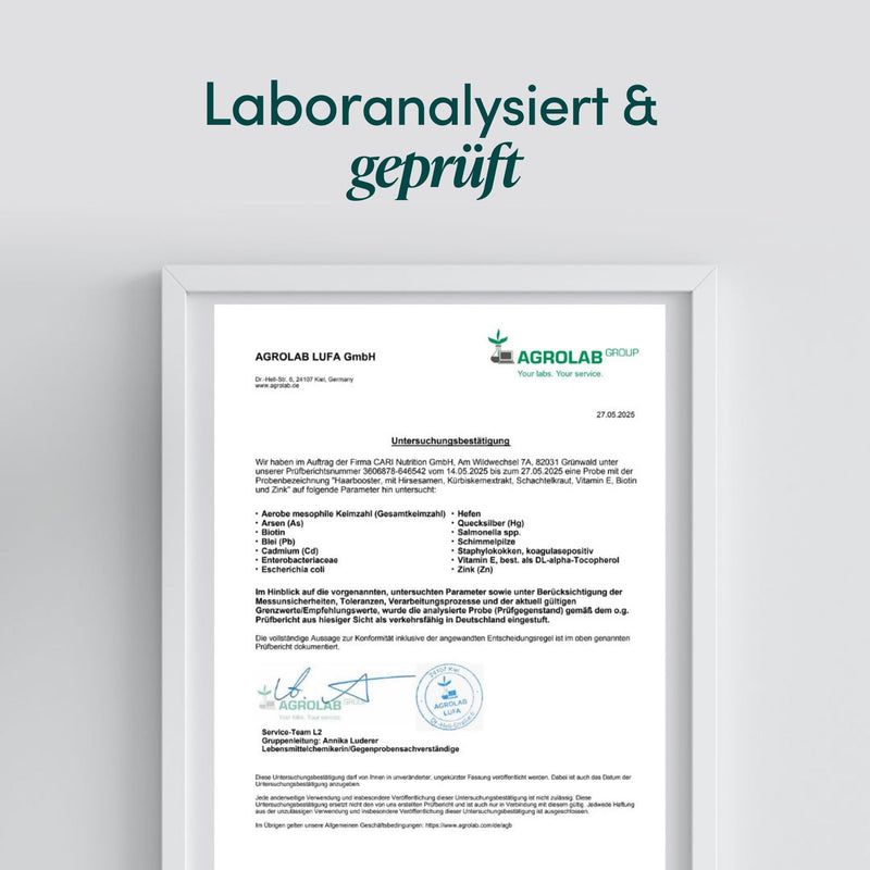 Laborbericht von AGROLAB zur Prüfung von CARI Nutrition Inhaltsstoffen.