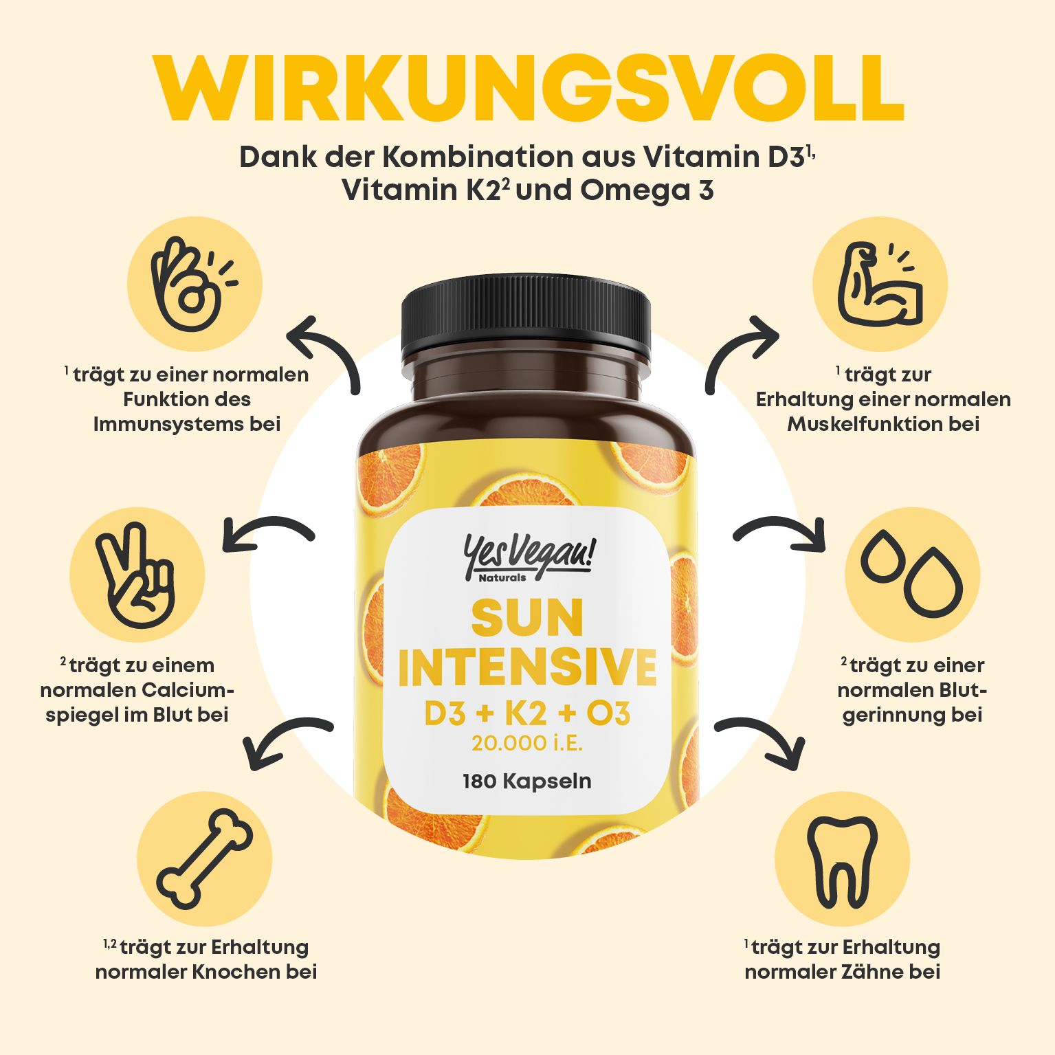 Grafik mit Produktflasche und Icons. Icons zeigen Vorteile von Vitamin D3, K2 und Omega 3. Aufschrift: Yes Vegan! SUN INTENSIVE D3 + K2 + O3 20.000 I.E. 180 Kapseln.