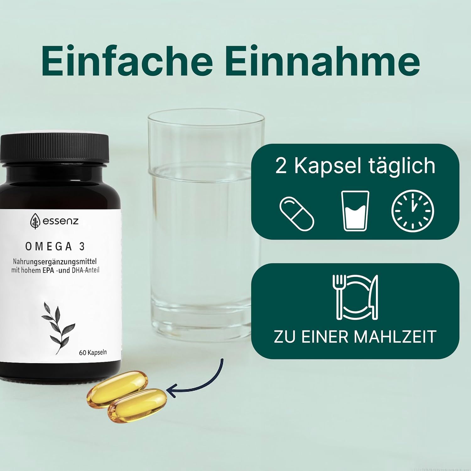 Braune Flasche mit ESSENZ Omega 3 Kapseln, daneben ein Glas Wasser und zwei Kapseln. Grafiken zeigen Einnahme: 2 Kapseln täglich zu einer Mahlzeit.