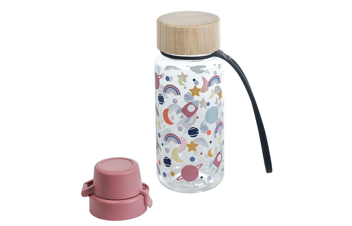 Trinkflasche mit Weltraum-Motiv, Bambusdeckel, rosa Verschlusskappe. Schwarze Schlaufe. Tritan-Material.