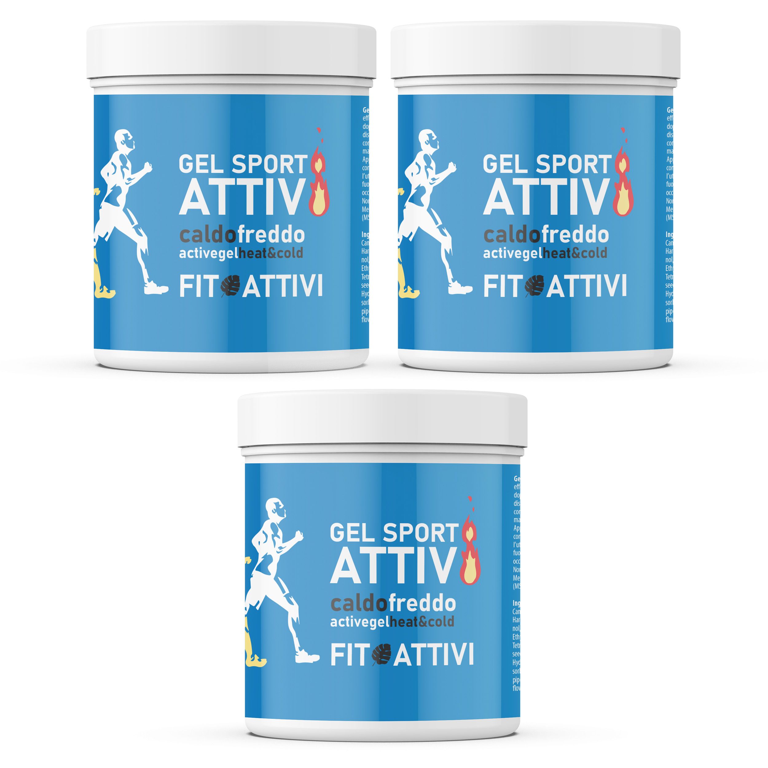 Drei runde Behälter mit blauem Etikett. Aufschrift: GEL SPORT ATTIVI, caldo freddo, activegel heat&cold, FIT ATTIVI. Abbildung eines Läufers.