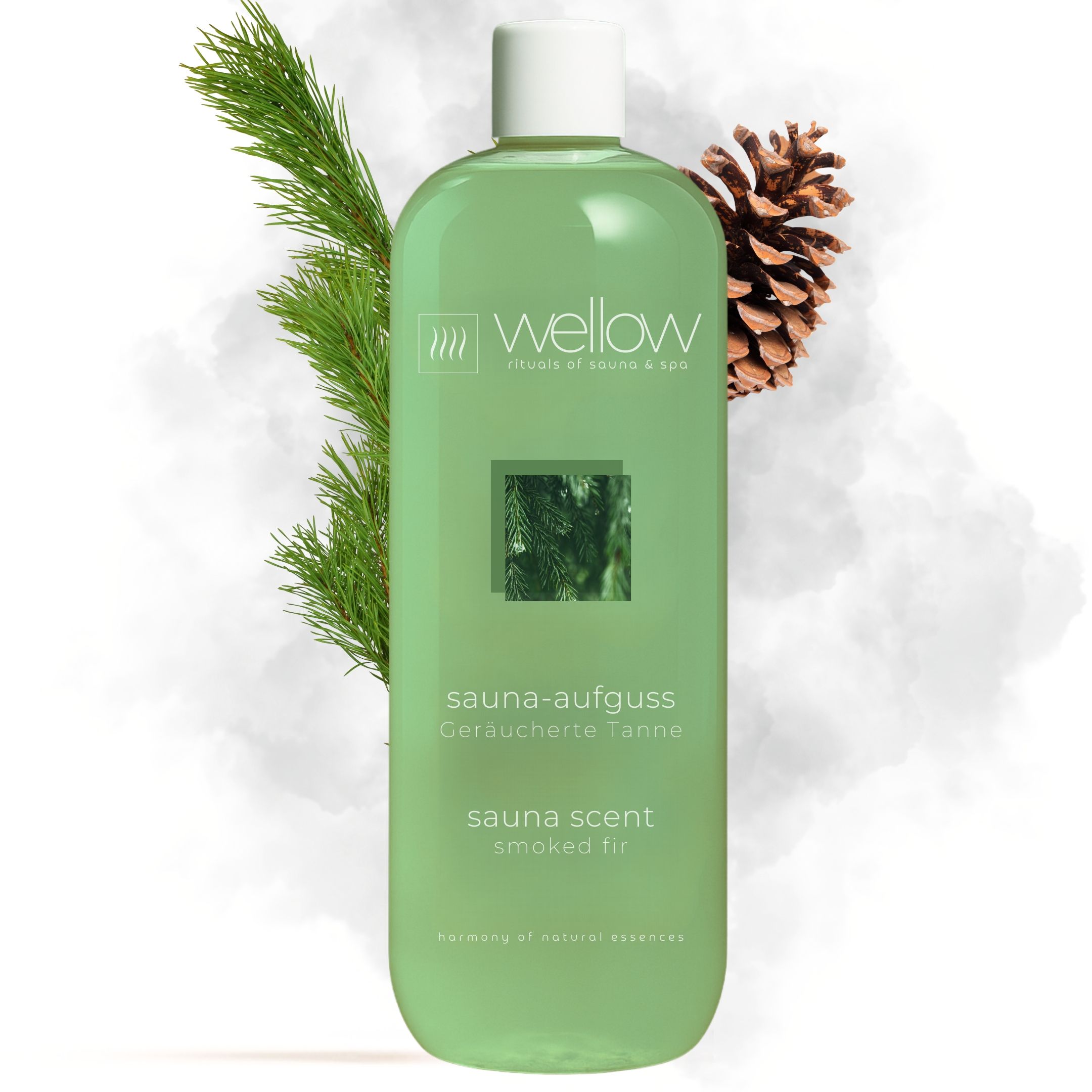 Grüne Flasche mit weißem Deckel. Aufschrift: Wellow, Sauna-Aufguss Geräucherte Tanne, Sauna Scent Smoked Fir. Tannenzweig und Zapfen.