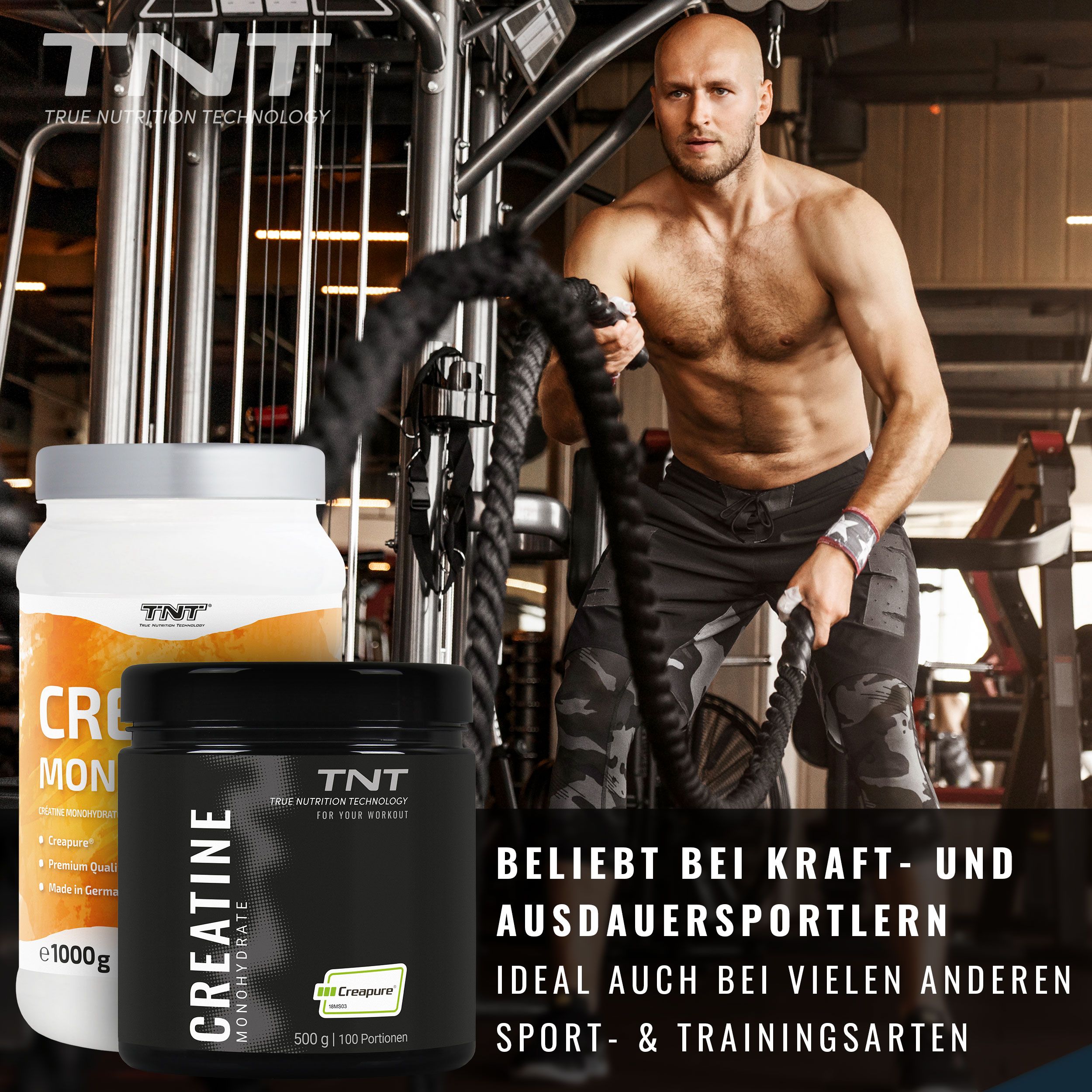 Mann trainiert mit Seil. Zwei Dosen TNT Creatine Monohydrate Creapure®. Text: Beliebt bei Kraft- und Ausdauersportlern. Ideal für Sport.