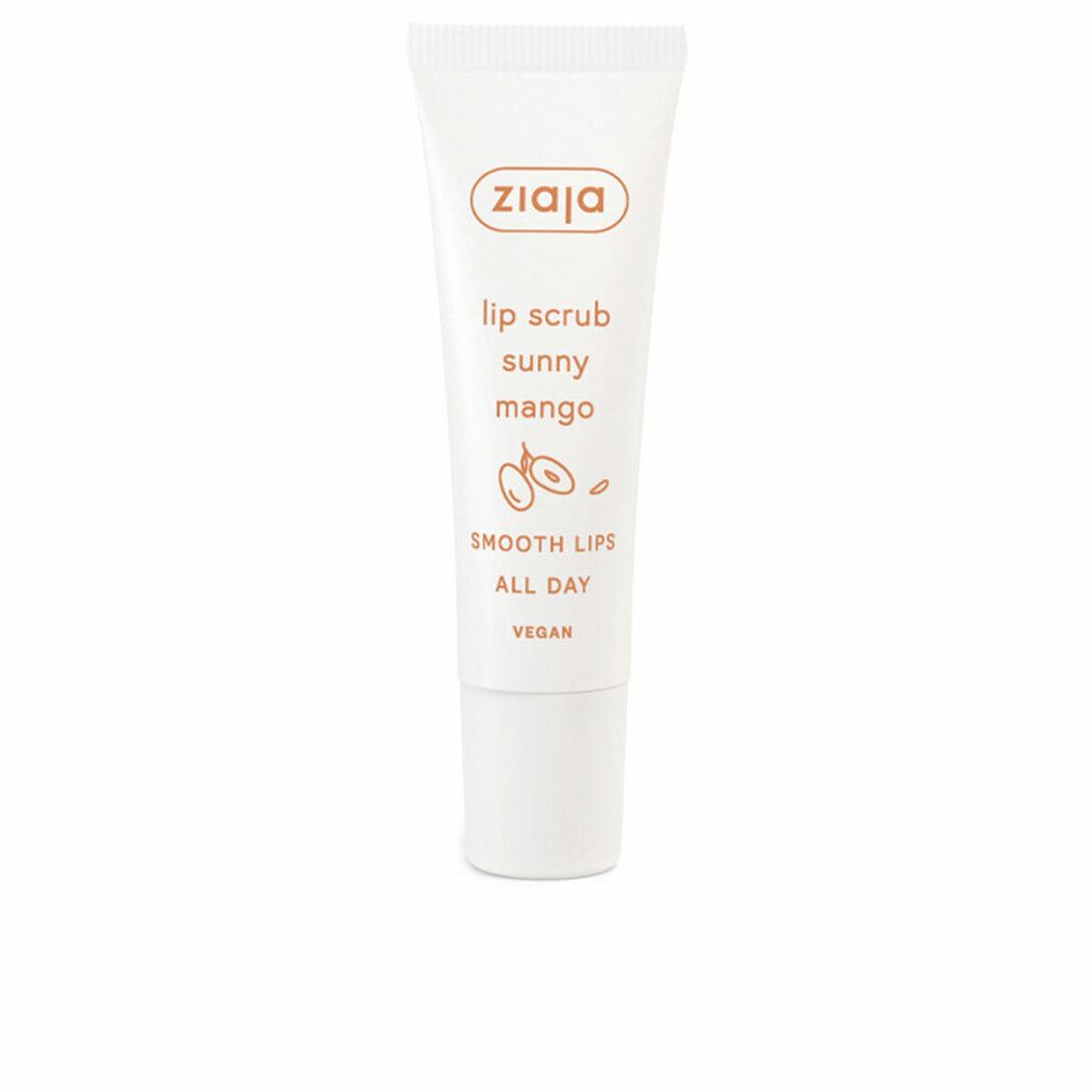 Weiße Tube mit Produkttext und Logo. Aufschrift: lip scrub sunny mango, SMOOTH LIPS ALL DAY, VEGAN. Abbildung von Früchten.
