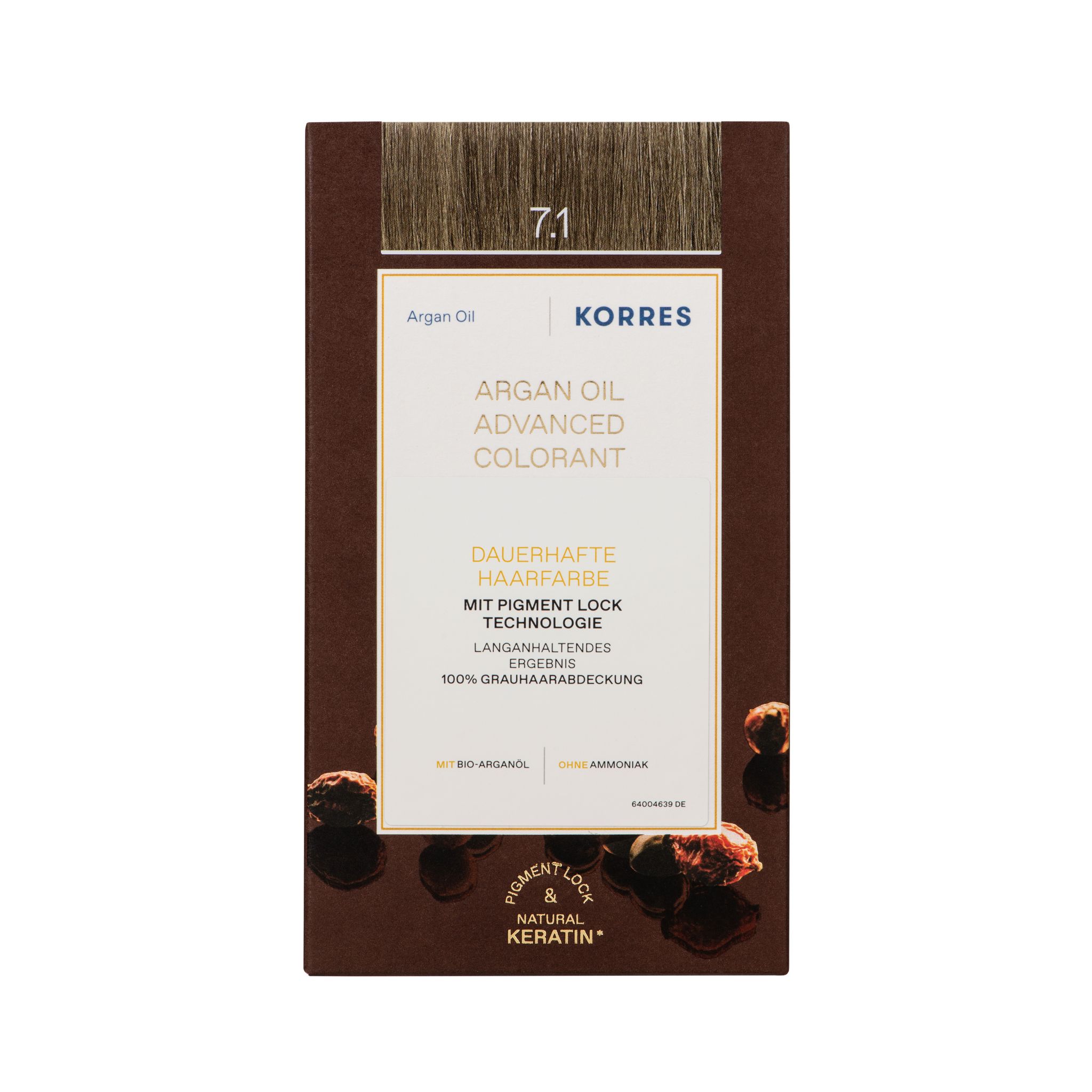 KORRES Arganöl Haarcoloration Aschblond 7.1. Braune Verpackung mit Produktinformationen und Farbton-Beispiel.
