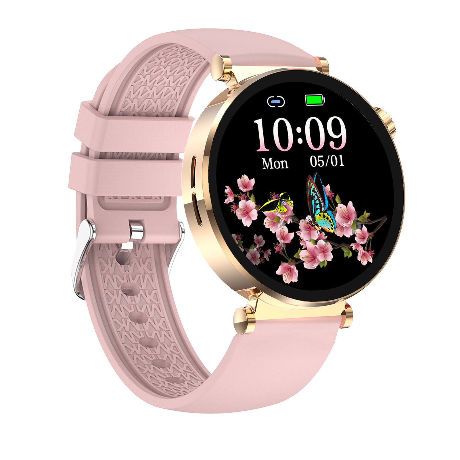 Rosafarbene Smartwatch mit goldenem Gehäuse und Armband. Auf dem Display: Uhrzeit, Datum und Blumenmuster.