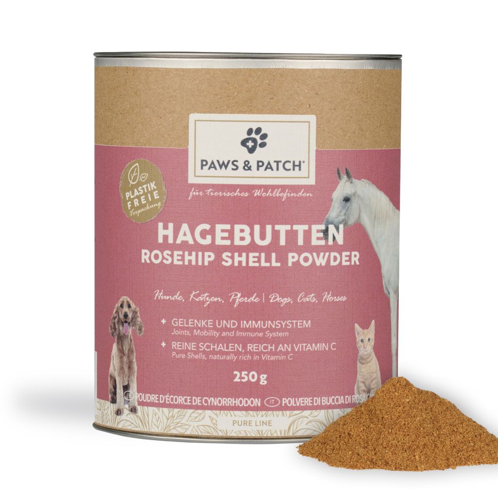 Zylinderdose mit Hagebuttenschalen Pulver. Aufschrift: PAWS & PATCH, Hagebutten Rosehip Shell Powder. Für Hunde, Katzen & Pferde. 250g.