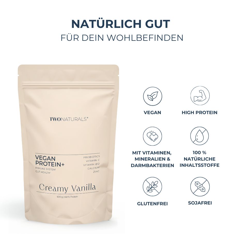 Beige Beutel TWONATURALS VEGAN PROTEIN+. Icons: Vegan, High Protein, Vitamine, Mineralien, Darmbakterien, Glutenfrei, Sojafrei, 100% natürliche Inhaltsstoffe.